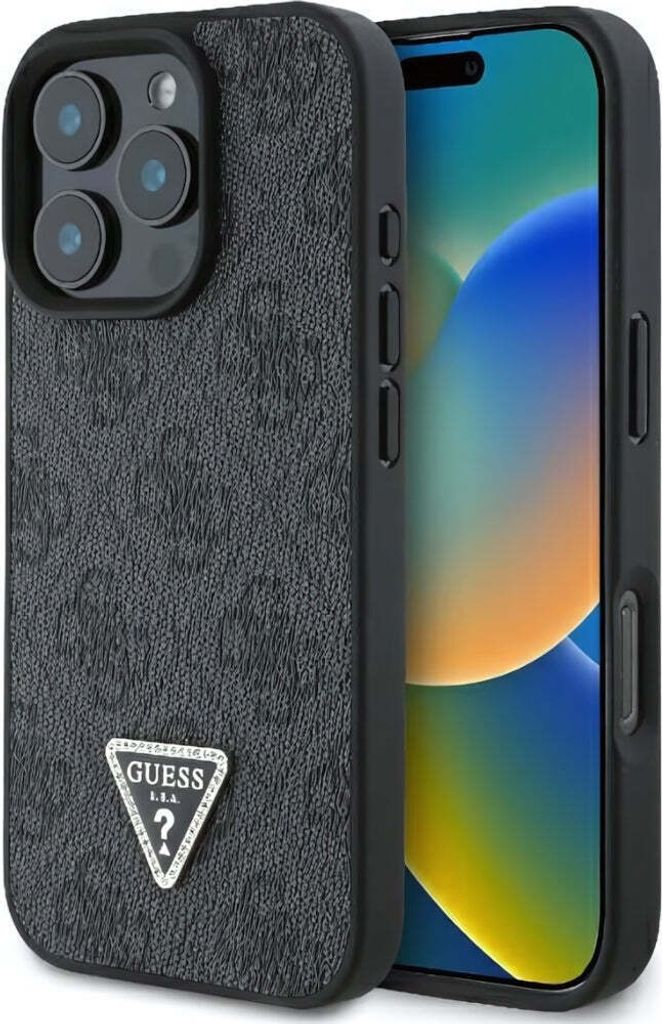 A black iPhone 16 Pro case with a textured pattern and a Guess logo.