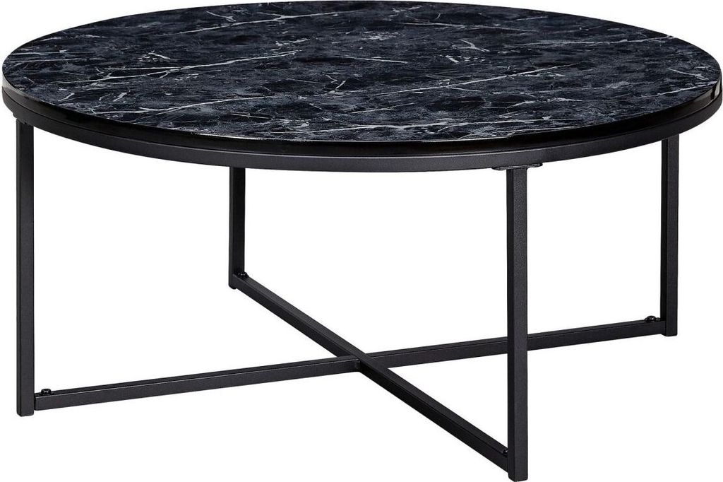 Couchtisch 80x36x80 cm mit Marmor Optik Schwarz, Wohnzimmertisch mit Metall-Gestell, Sofatisch Rund Tisch Wohnzimmer, Beistelltisch