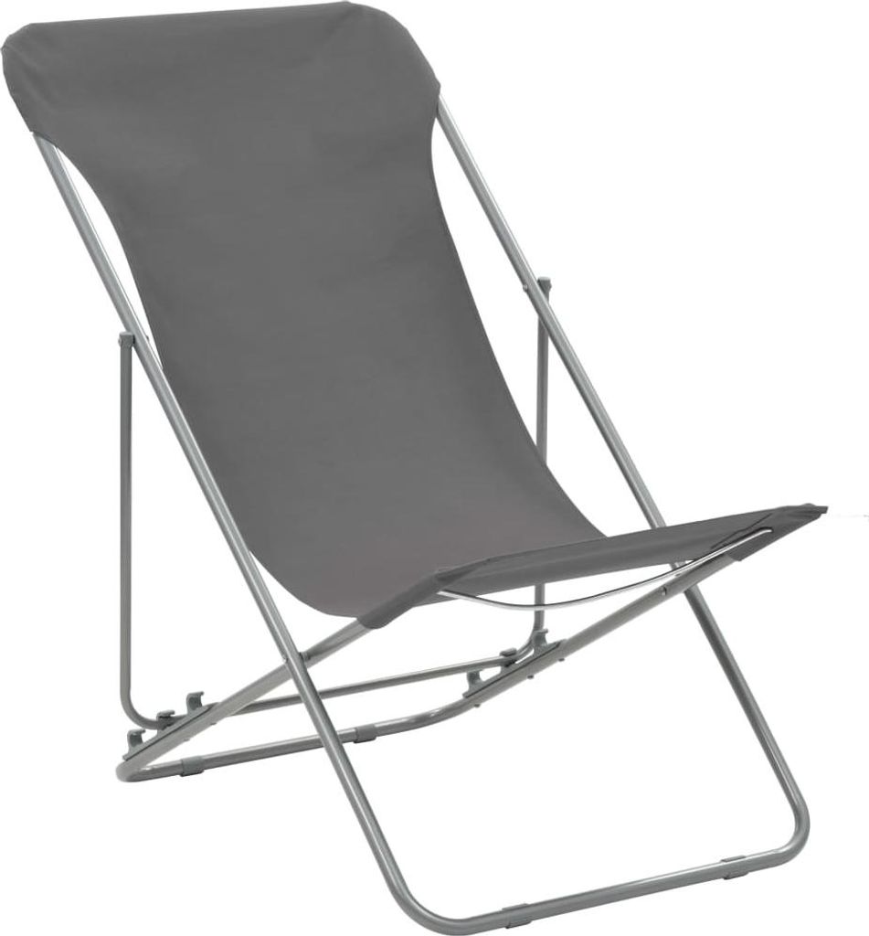 A single gray folding beach chair is shown against a white background.