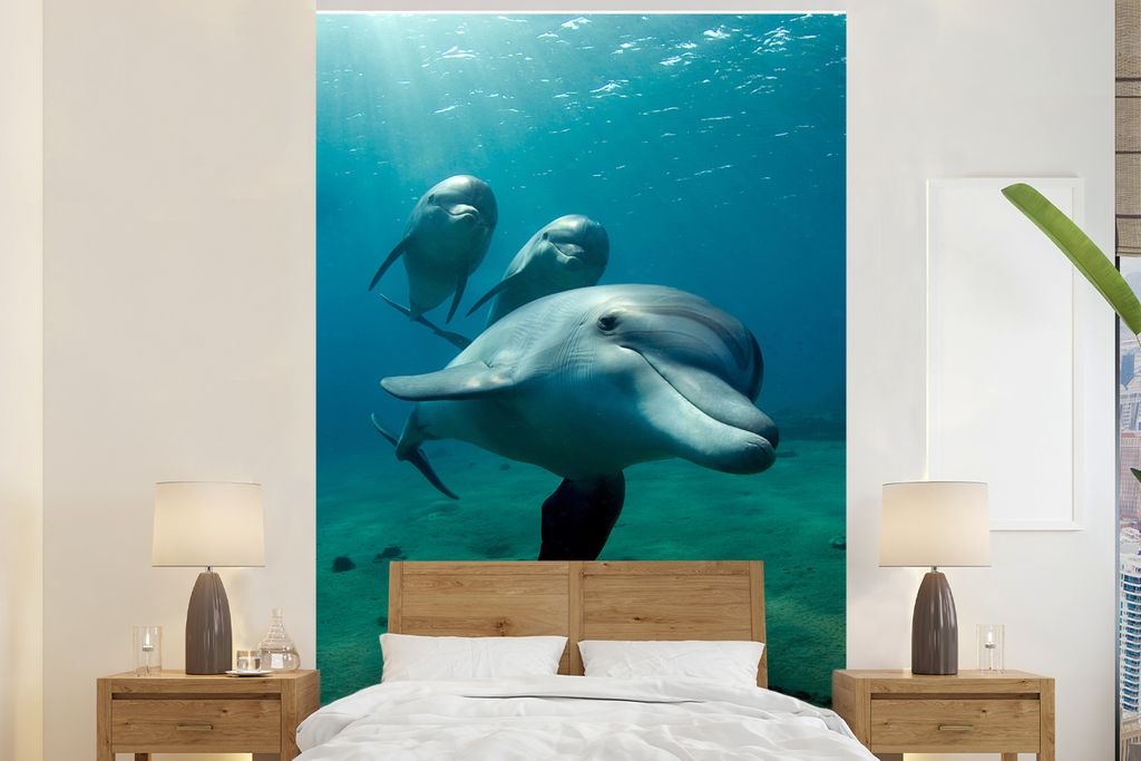 MuchoWow Fototapete für Wohnzimmer oder Schlafzimmer Wandtapete Vinyl Motivtapete Wasser - Delphin - Blau - 180x280 cm - Wallpaper