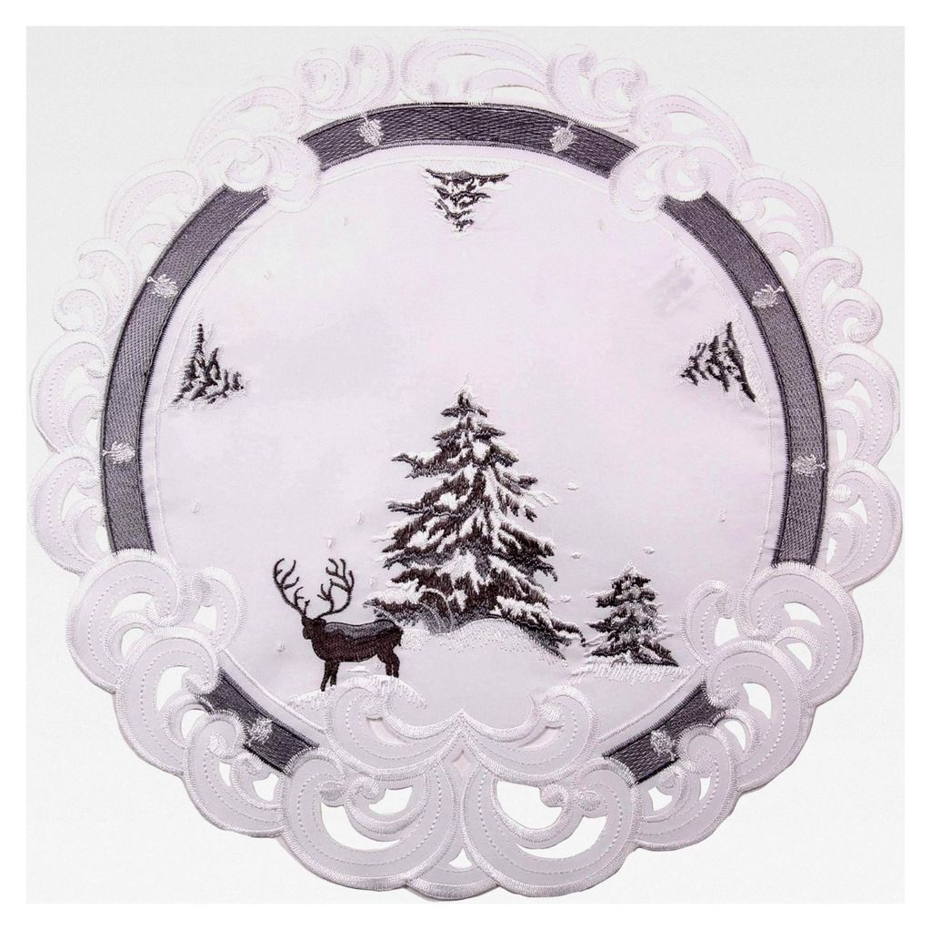Weihnachtsdeckchen - Bestickt mit Hirsch- und Tannenmotiv in Leinenoptik, Polyester, Grau-Weiß, ca. 40 cm rund