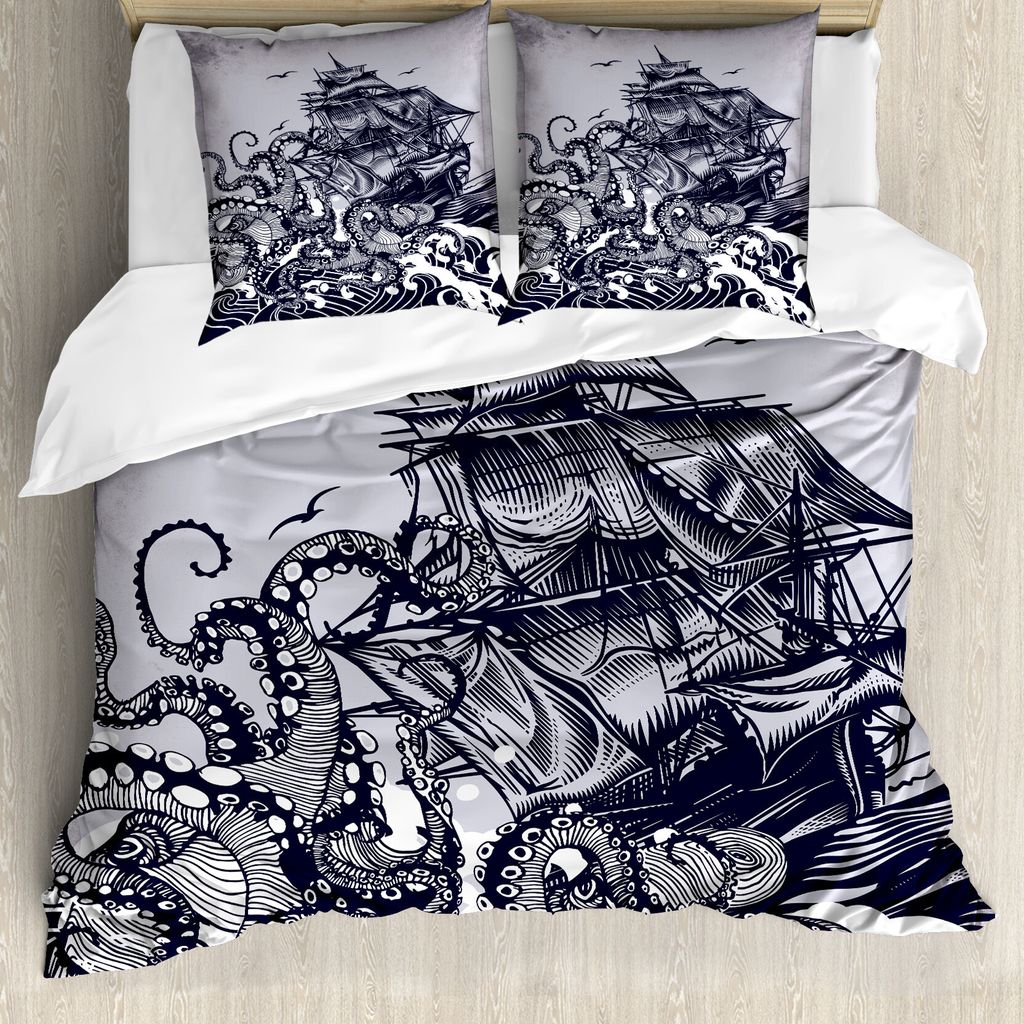 ABAKUHAUS Nautisch Bettbezug, Krake und Schiff im Sturm, Milbensicher Allergiker geeignet mit Kissenbezügen, 155 cm x 220 cm - 80 x 80 cm, Indigo ...