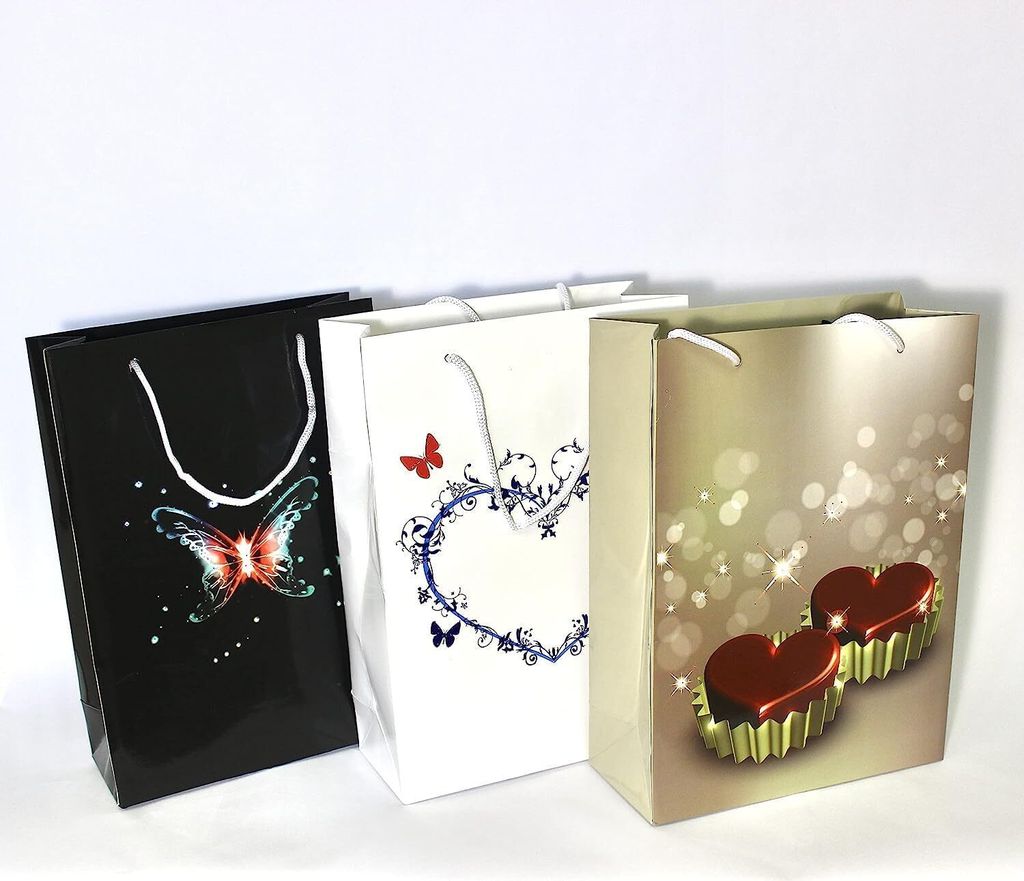 LED Geschenktaschen Herzen 3er Set, 33x24 cm Geschenk Taschen beleuchtet, LED Geschenktüten, LED Geschenkverpackung, Geschenktüten mit Licht.