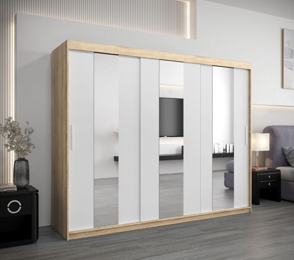 Kleiderschrank mit Schiebetüren DORA – Breite 250 cm, Sonoma-Eiche/Weiß