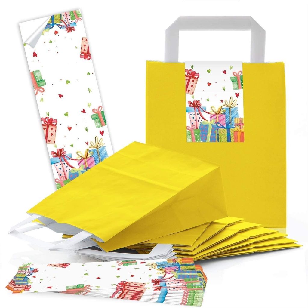 Logbuch-Verlag 10 gelbe Geschenktüten 18 x 8 x 22 cm + bunte Geschenkaufkleber Geschenkverpackung Mitgebsel Partytüte Kindergeburtstag Geburtstag...