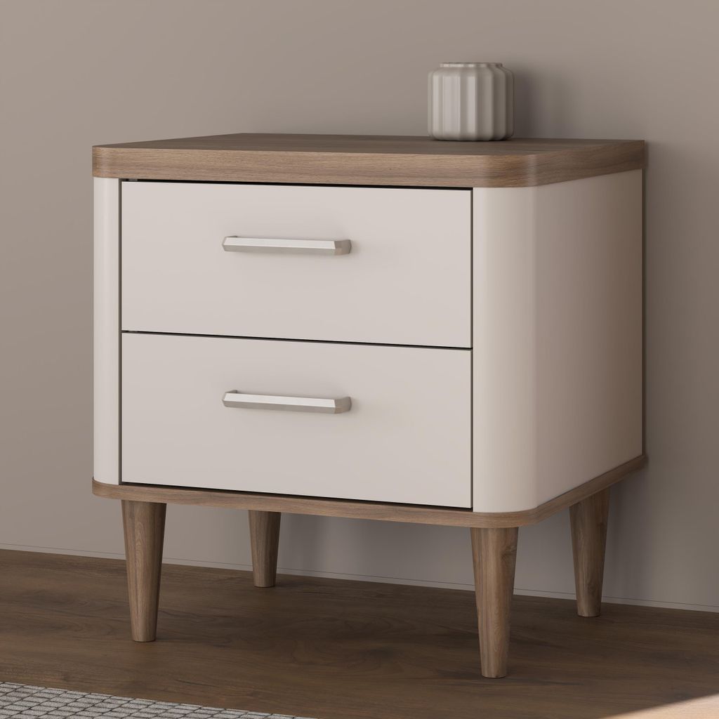 Forte LACETTI Nachttisch 50, eleganter Nachtschrank mit 2 Schubladen und hohen Füßen, Holzwerkstoff, Schlafzimmer, Kaschmir|Beige|Valencia Eiche ...