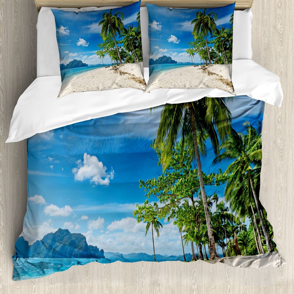ABAKUHAUS Landschaft Bettbezug, Sea Palms Mountains, Milbensicher Allergiker geeignet mit Kissenbezügen, 200 cm x 200 cm - 80 x 80 cm, Blau Creme ...