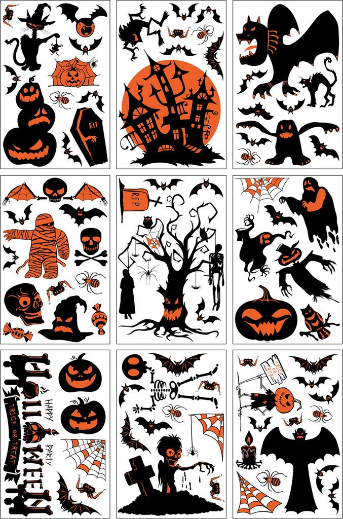 9 Blätter/Set Halloween Fensteraufkleber, wasserdicht, Kürbis, Hexenskelett, PVC, doppelseitig, für Zuhause, Büro, statische Glasdekoration