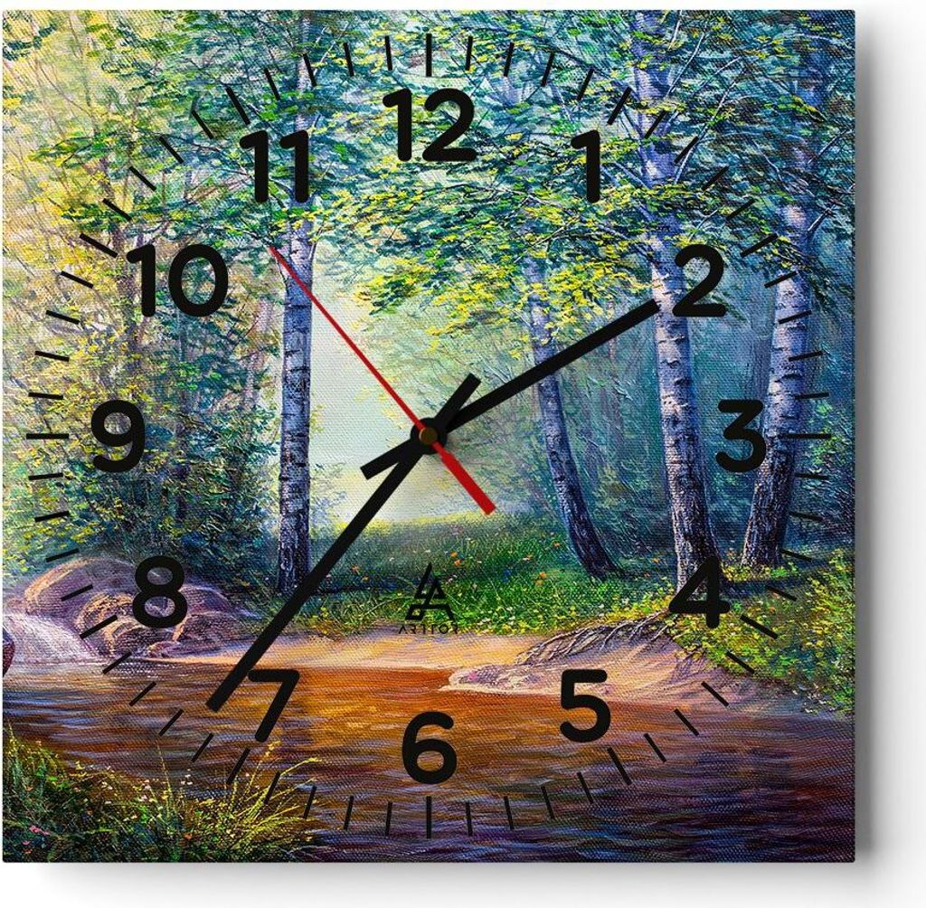 Wanduhr - Quadrat - Glasuhr - Wiese Wasser Baum - 30x30cm - Schleichendes Uhrwerk - Lautlos - zum Aufhängen bereit - Dekoration Modern - Wanddekor...