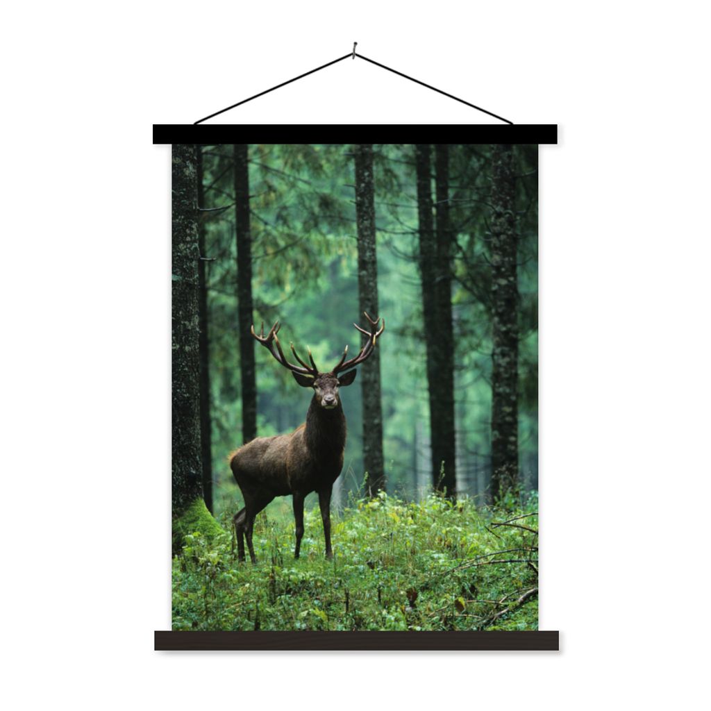MuchoWow Textilposter Hirsche - Wald - Bäume - Tiere - Natur 90x120 cm mit schwarzem Rahmen - Dekoration