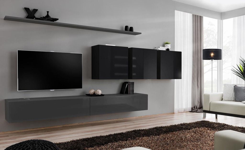 Wohnwand Grau Komplett 7tlg Designer Holzmöbel Sideboard Wandschrank Wand Regal