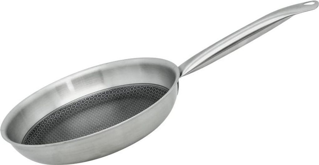 A stainless steel frying pan with a honeycomb pattern on the interior surface, shown from a side-diagonal angle against a white background.