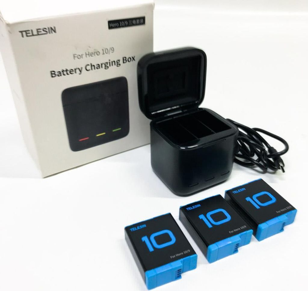 TELESIN Dreifach-Ladegerät und Akku-Speicherbox mit 3 Kanälen Ladegerät mit 2 wiederaufladbaren Lithium-Ionen-Akkus für Gopro Hero 10/9 Black (...