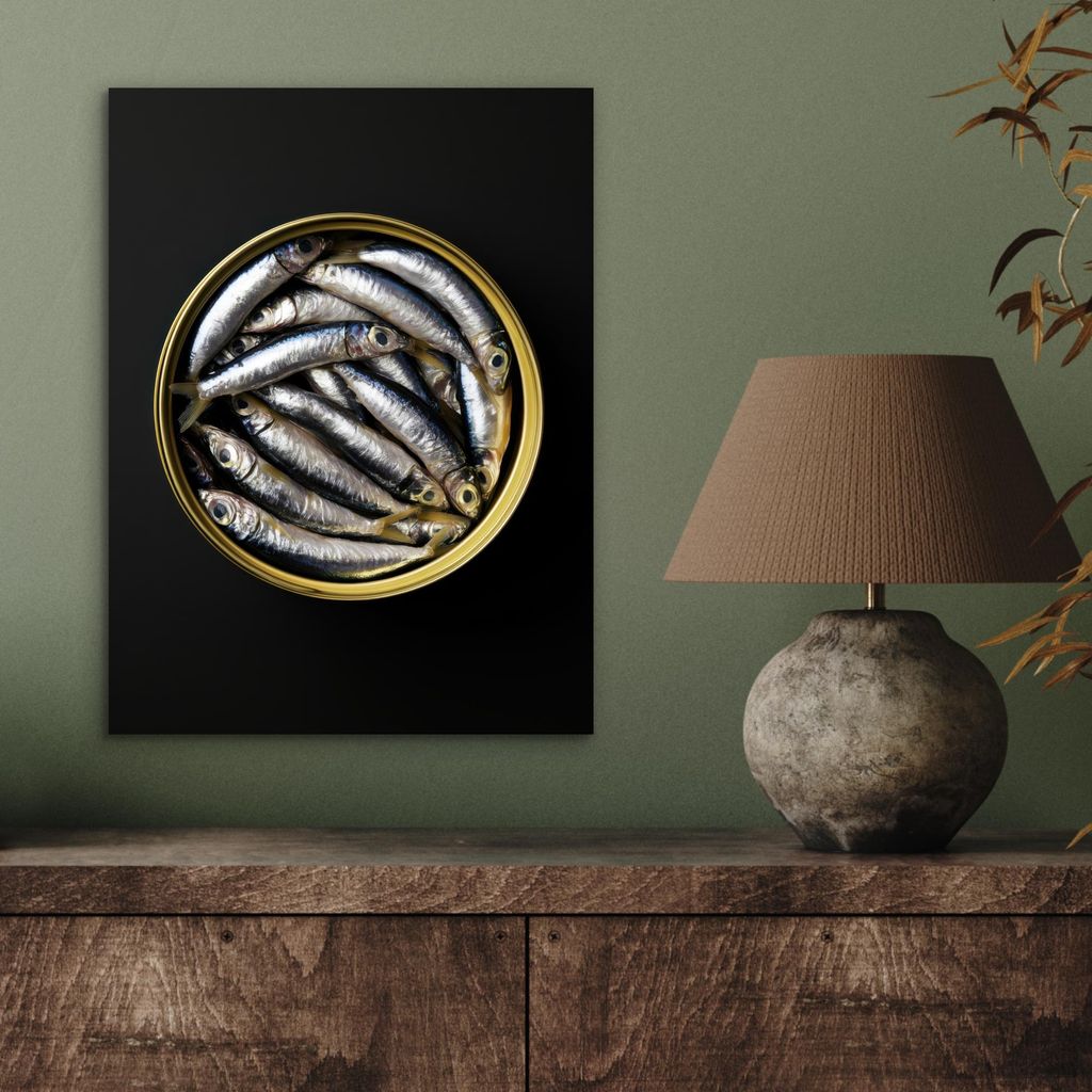 MuchoWow Wanddekoration Metall Metallbild Wandkunst 30x40 cm Sardinen - Fisch - Rund - Schwarz MuchoWow Aluminium Gemälde - Bilder