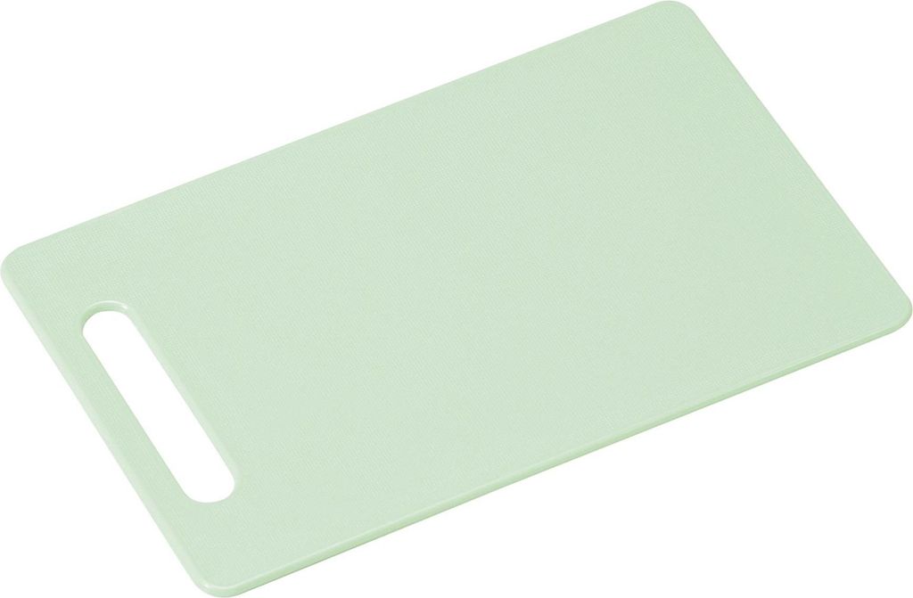 A single, light green cutting board is shown from a diagonal angle against a white background.