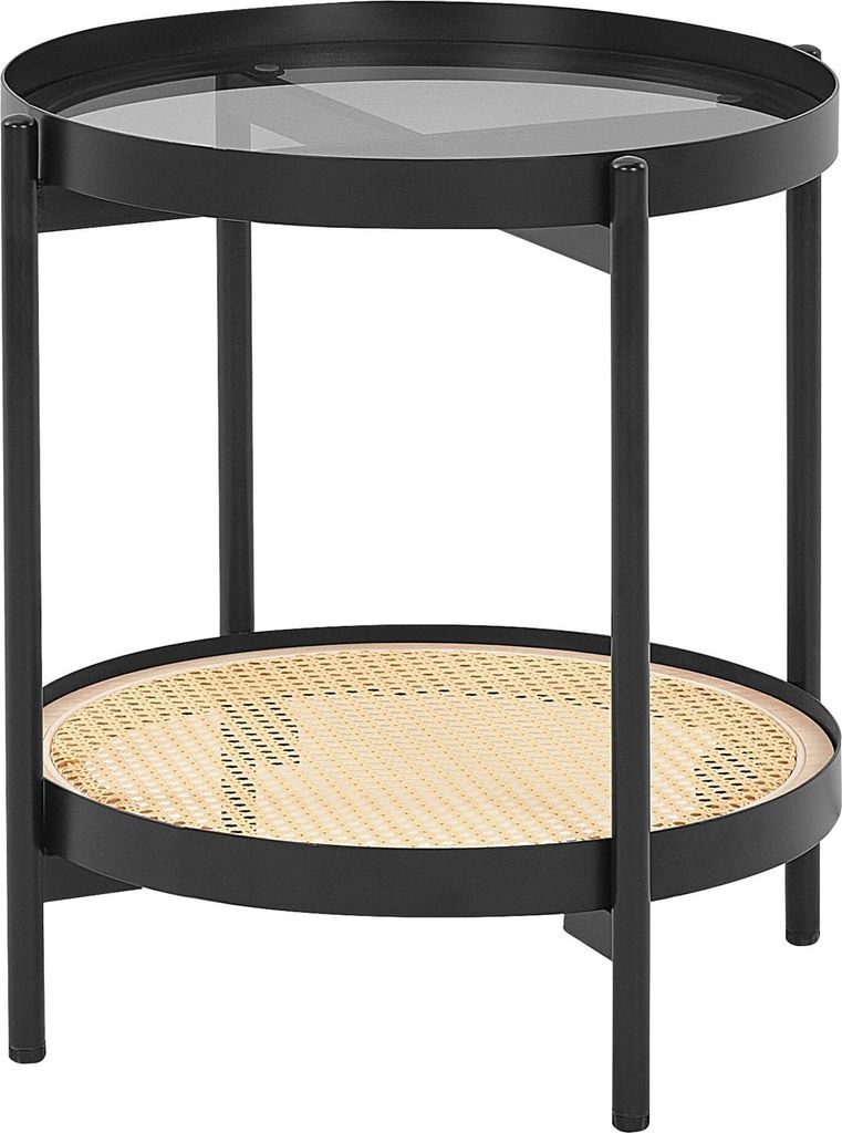 BELIANI Beistelltisch Schwarz / Hellbraun aus Metall mit Glasplatte Rattan Wiener Geflecht Elegant Modernes Design für Wohnzimmer Schlafzimmer Flur