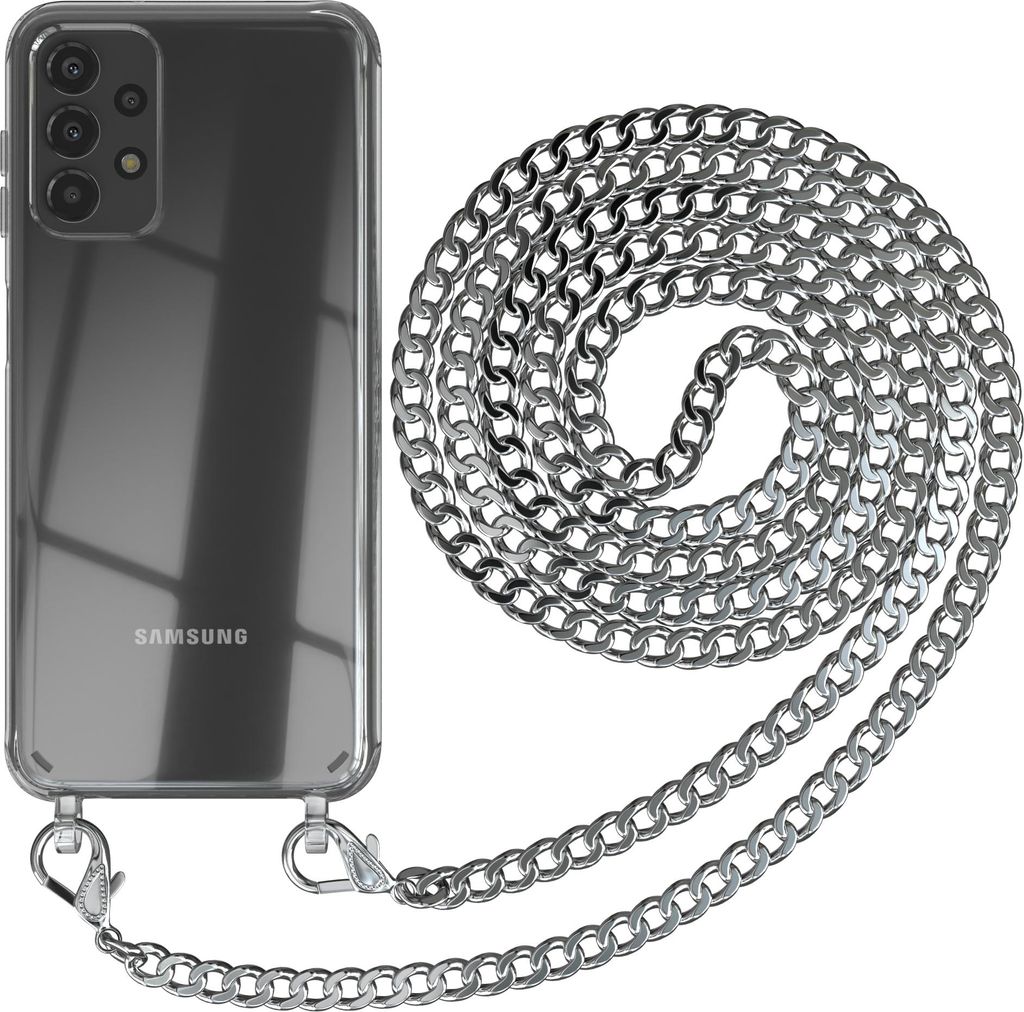 EAZY CASE Metall Handykette für Samsung Galaxy A13 4G, Handyhülle mit Umhängeband, Silikonhülle, Metallkette für Smartphone in Silber
