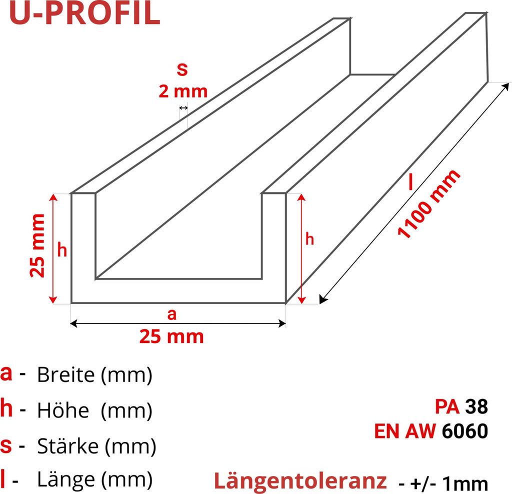 ALUMINIUM U-PROFIL 25x25x25x2 mm 110 cm ALUMINIUM PA38 + Produktbild 