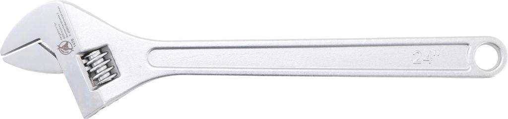 A silver adjustable wrench is shown against a white background.