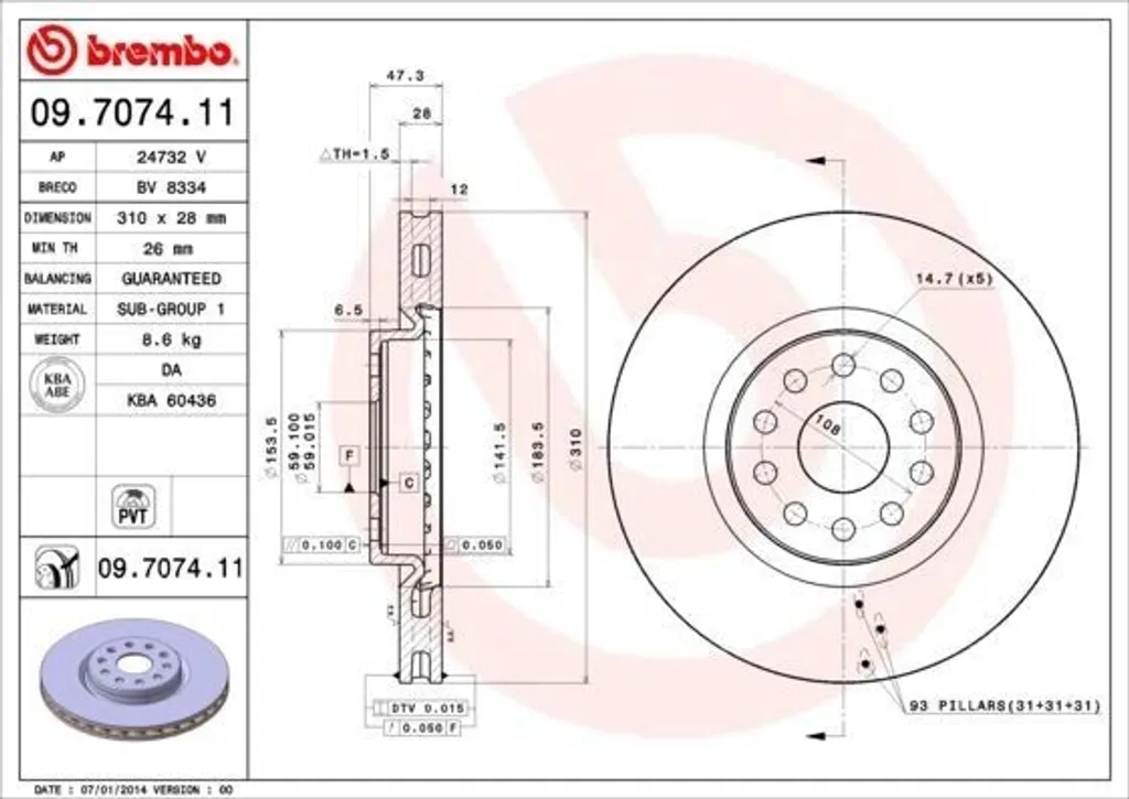 Brembo 09.7074.11 Disque de Frein Haute Performance et Résistant à l'Usure