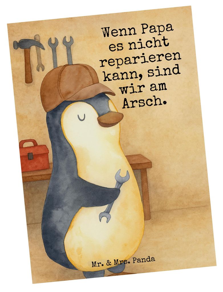Mr. & Mrs. Panda Postkarte Wenn Papa es nicht reparieren kann, sind wir am Arsch Design - Weiß - Geschenk, bildkarte, Vater, Handwerker, Vatertag,...