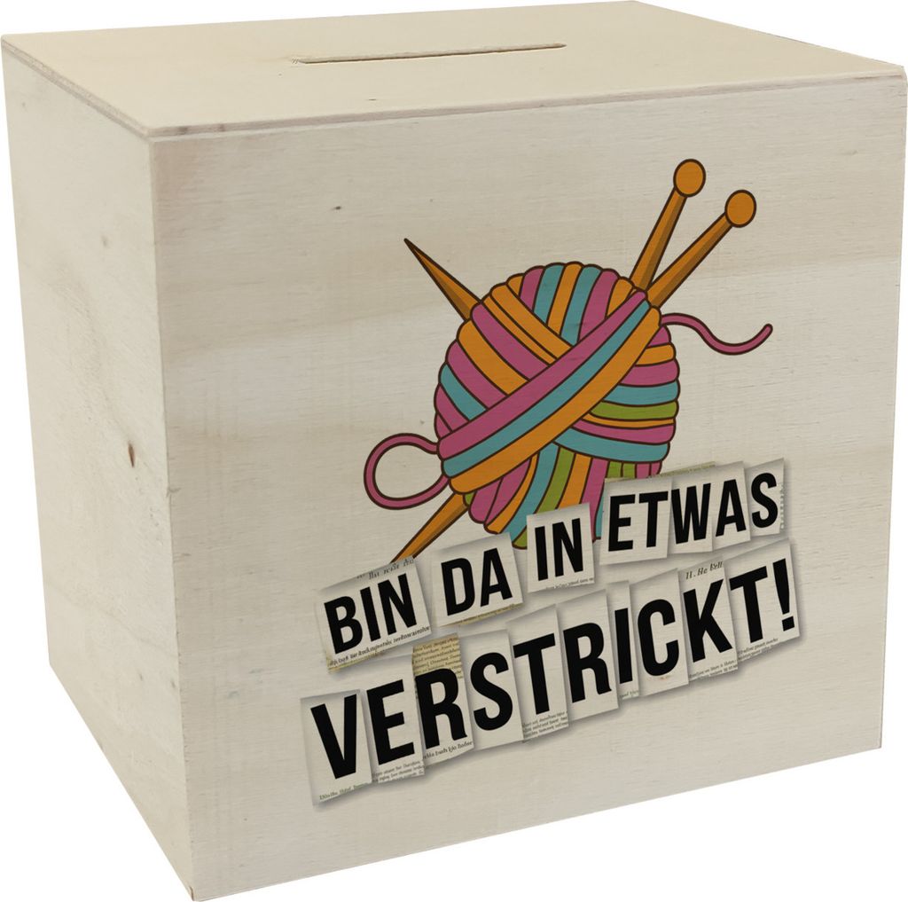 Bin da in etwas verstrickt Spardose aus Holz mit Wolle und Stricknadeln