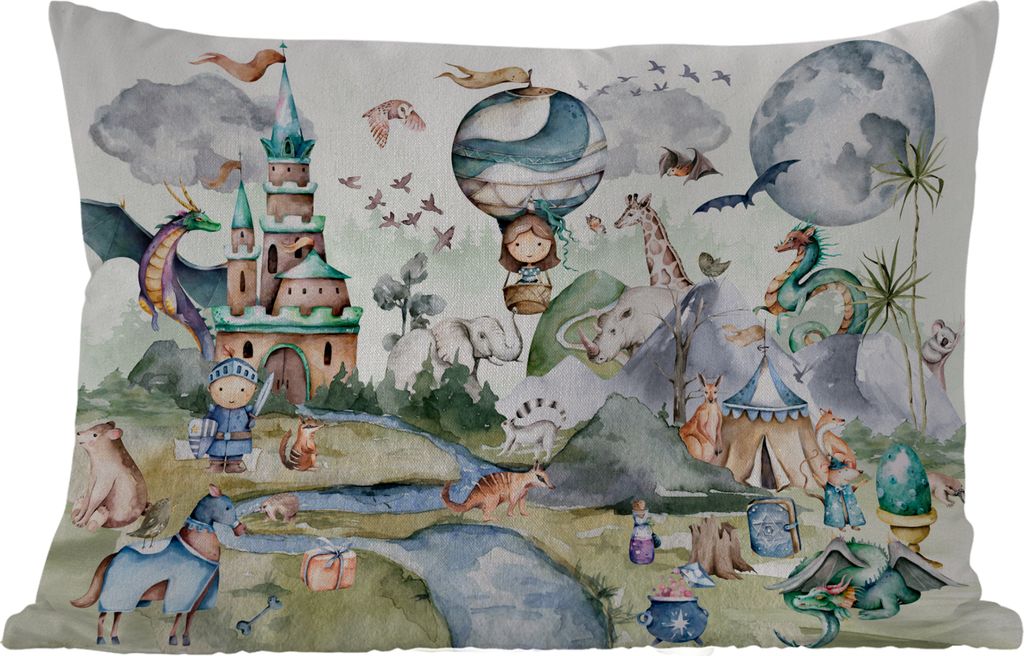 MuchoWow Outdoor Kissen - Kinder - Heißluftballon - Drache - Jungen - Burg - Aquarell - 50x30 cm - Wetterfest - Lounge Kissen - Sofa kissen - Wo...