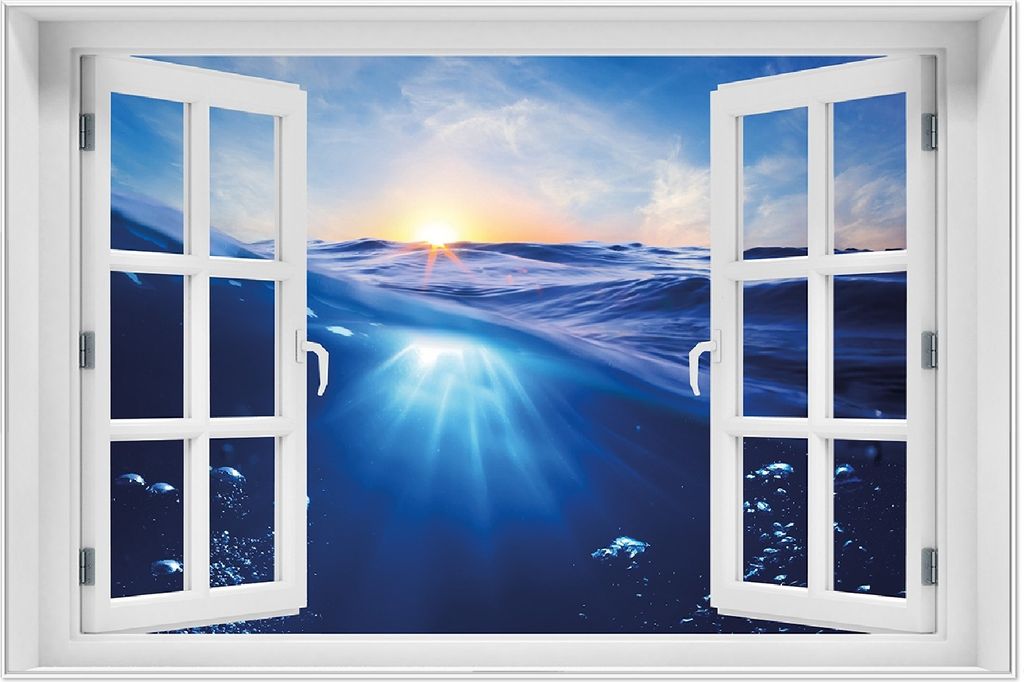 Wallario Wandbild mit Fenster-Illusion: Wellen im Meer bei Sonnenuntergang, Größe: 61 x 91,5 cm, Poster mit weißem Aluminiumrahmen