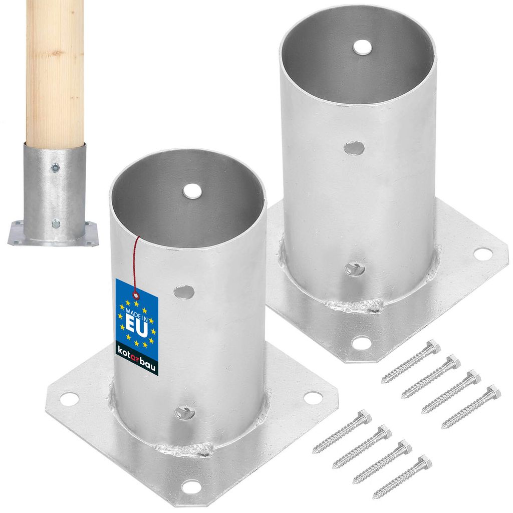 KOTARBAU 2er Set Pfostenträger zum Aufschrauben Aufschraubhülse für Holzpfosten Ø 80 mm Bodenhülse für Zaunpfosten zum Aufdübeln Stahl Silber