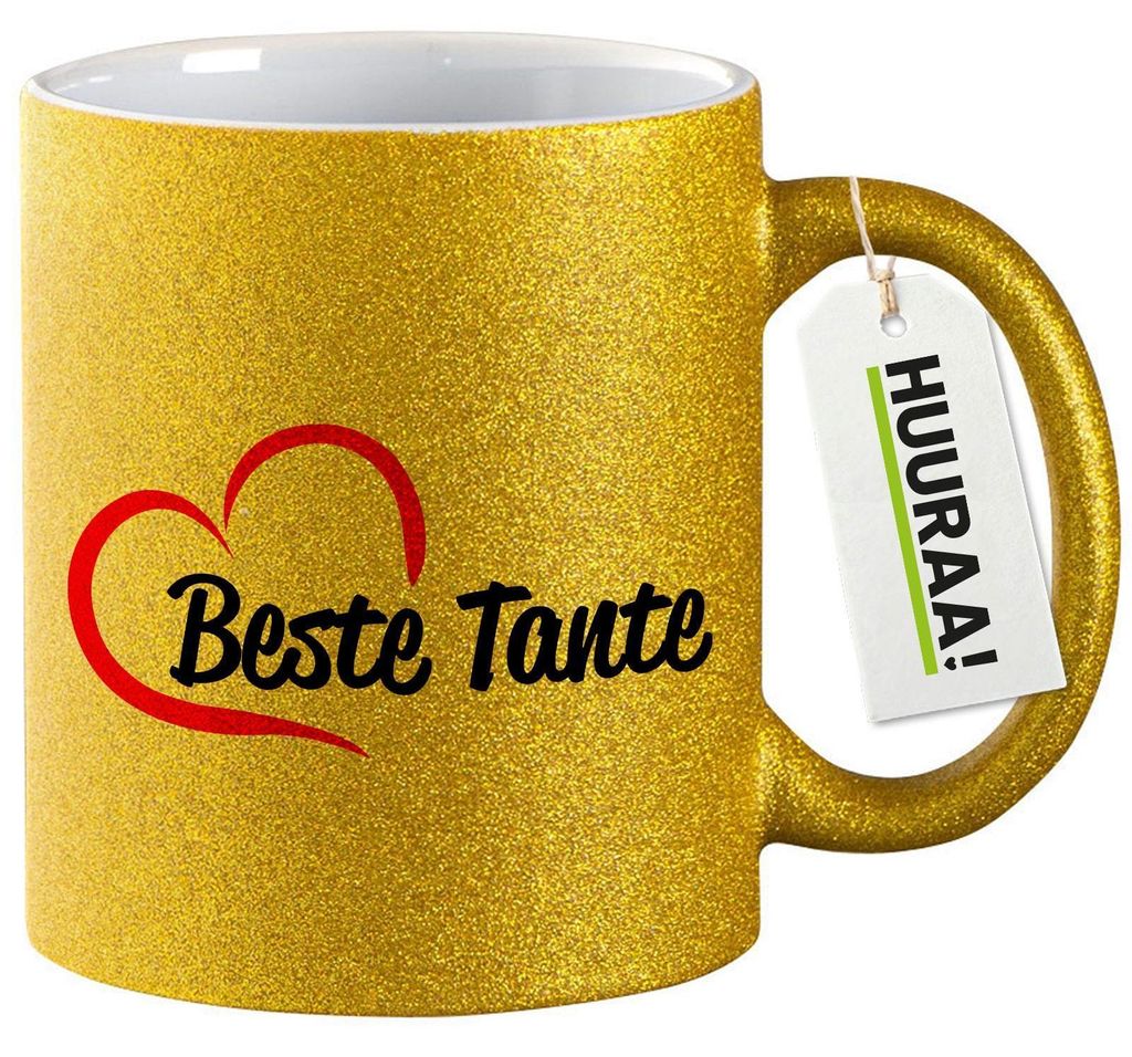 Huuraa Glitzertasse Beste Tante Herz 330ml Gold Keramik Kaffeebecher Geschenkidee