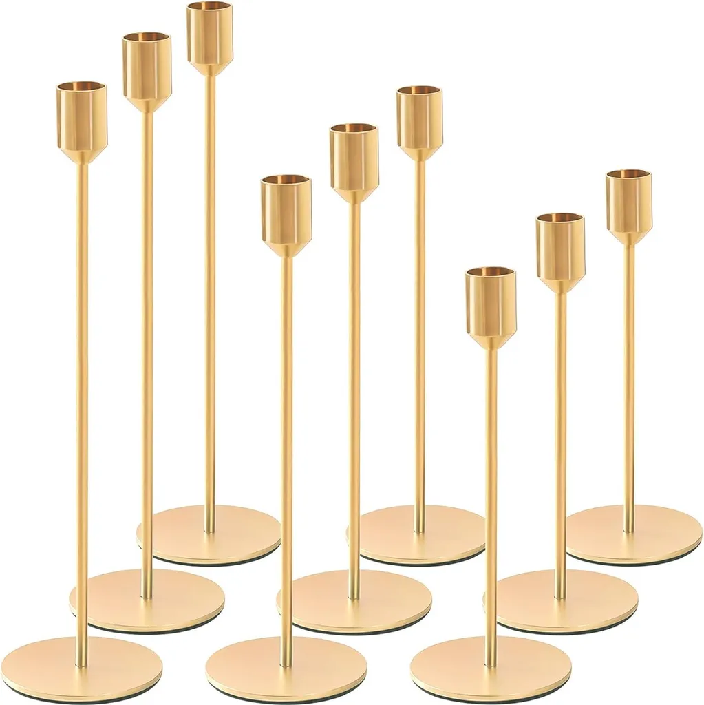 Set de 9 porte-bougies en métal doré vintage chic hauteurs 34/28/24 cm
