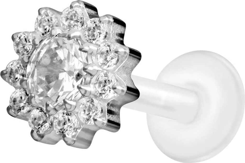 Ohrpiercing, Nasenpiercing PTFE Labret mit Innengewinde + Titan-Aufsatz KRISTALLBLUME Silber Stablänge: 9mm | Stabstärke: 1,2mm