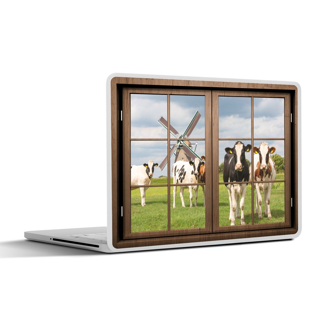 MuchoWow Laptop Aufkleber Sticker Cover Ansicht - Mühle - Kuh 32.5x23.5 cm - Sticker für Laptop - Selbstklebend