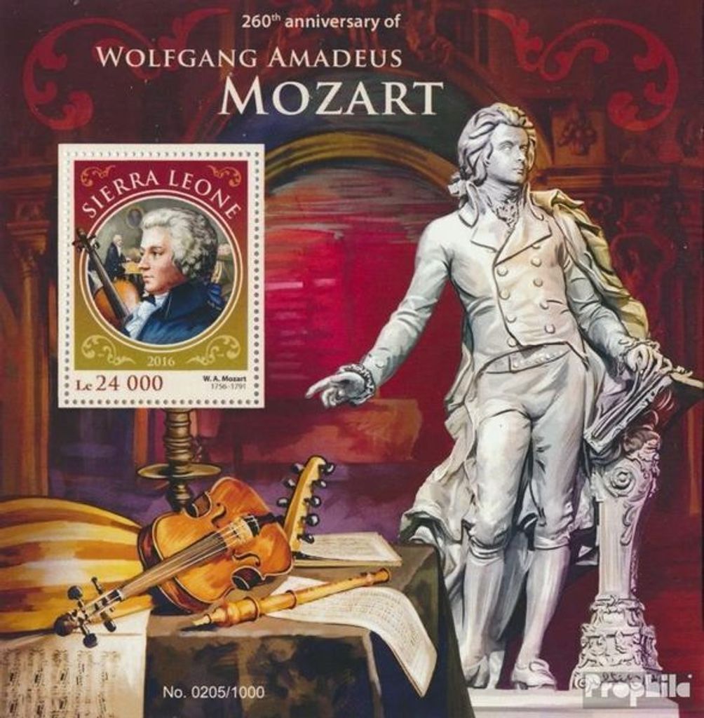 Briefmarken Sierra Leone 2016 Mi Block 916 (kompl. Ausg.) postfrisch Wolfgang Amadeus Mozart
