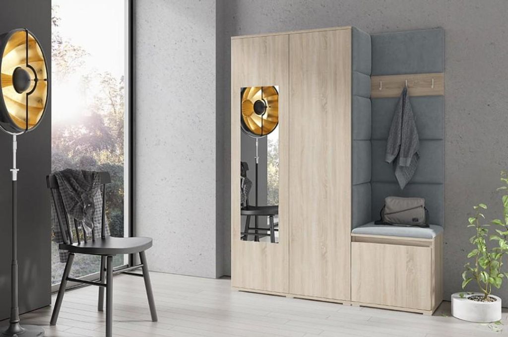 Garderoben-Set "Harry", Moderner Kleiderschrank mit Polsterplatten und Schuhschrank – Ideal für Flur und Eingangsbereich (Sonoma Eiche, Trinity 14)