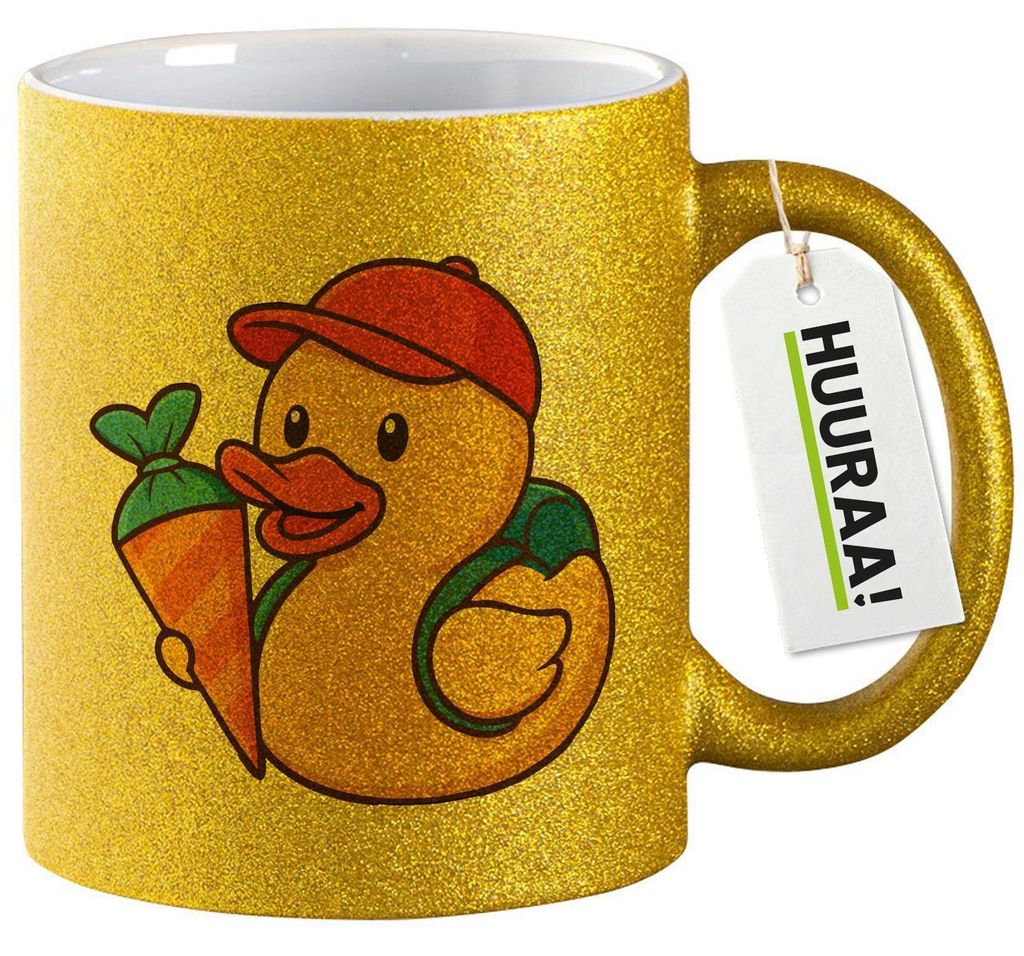 Huuraa Glitzertasse Quietscheente Einschulung Gummiente Schulanfang 330ml Gold Keramik Kaffeebecher Geschenkidee