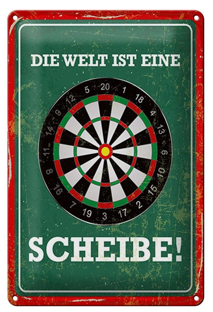 Blechschild Dart die Welt ist eine Scheibe, 30 x 20 cm, Blechschilder Spruch Sport Hobby