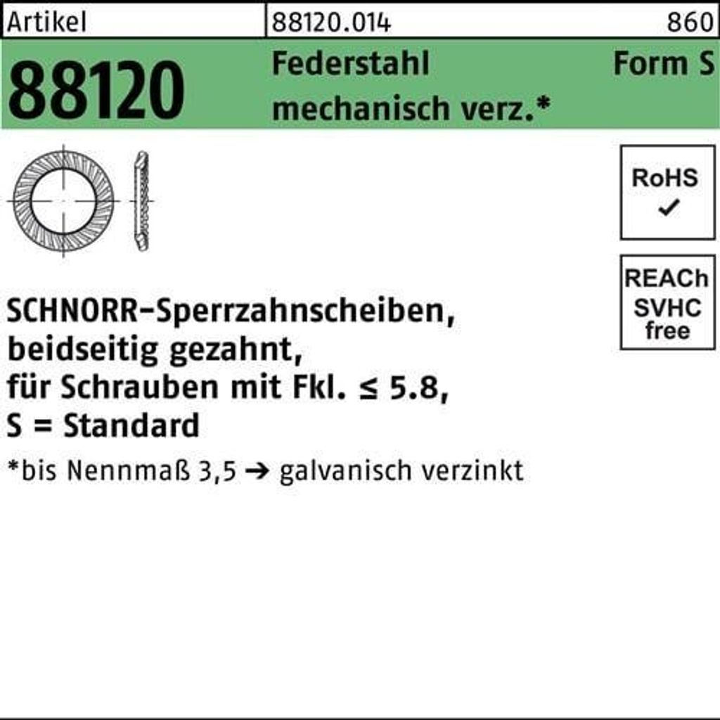 Sperrzahnscheibe R 88120 beidseitig gezahnt S14 x22 x1,2 Federstahl mechanisch verzinkt