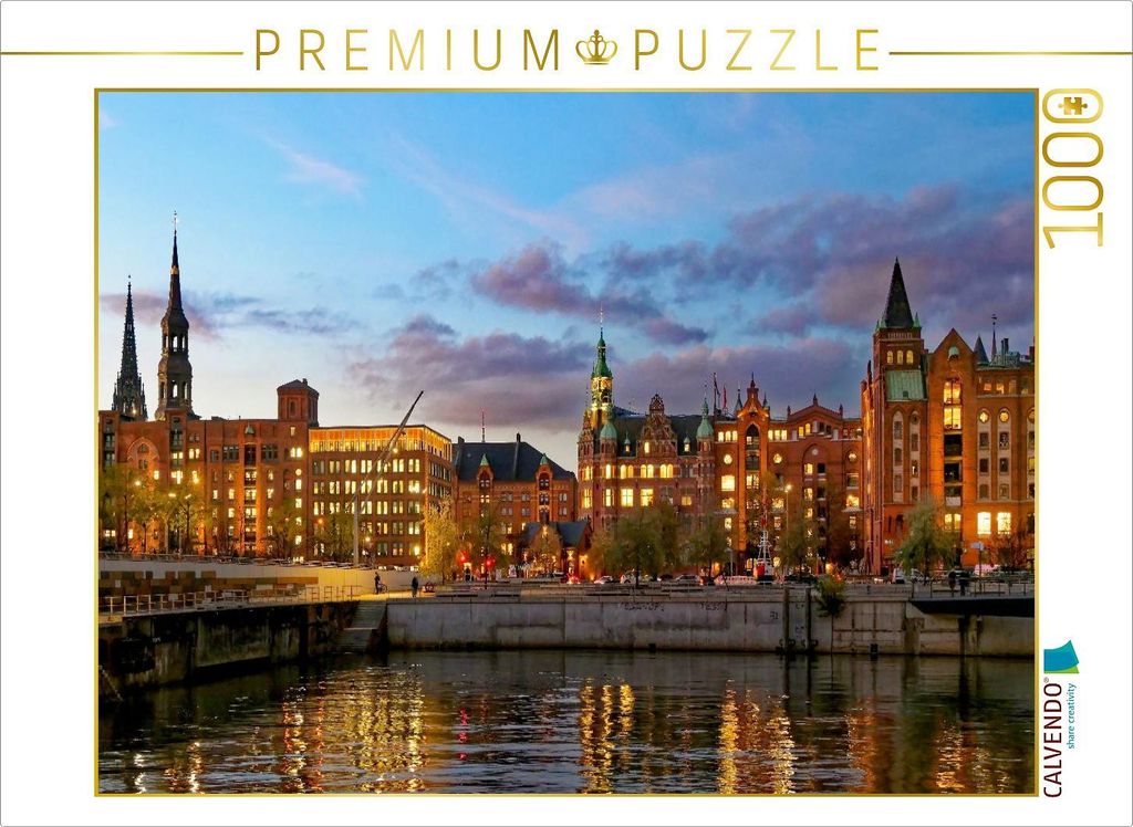CALVENDO Puzzle Abendlich beleuchtete Kontorhäuser über dem Brooktorhafen | 1000 Teile Lege-Größe 64x48cm Foto-Puzzle für glückliche Stunden
