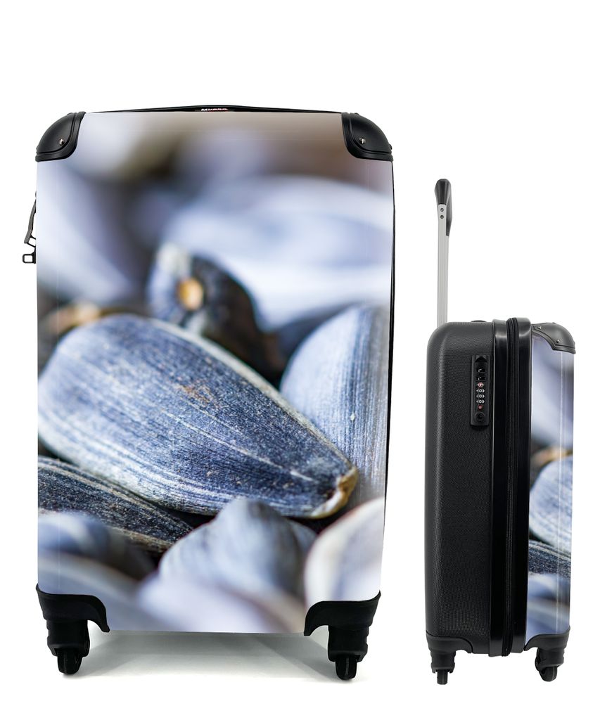 MuchoWow Koffer Handgepäck Trolley Rollkoffer Kleine Reisekoffer mit 4 Rollen - Nahaufnahme der schwarzen Außenseite von Sonnenblumenkernen - C...