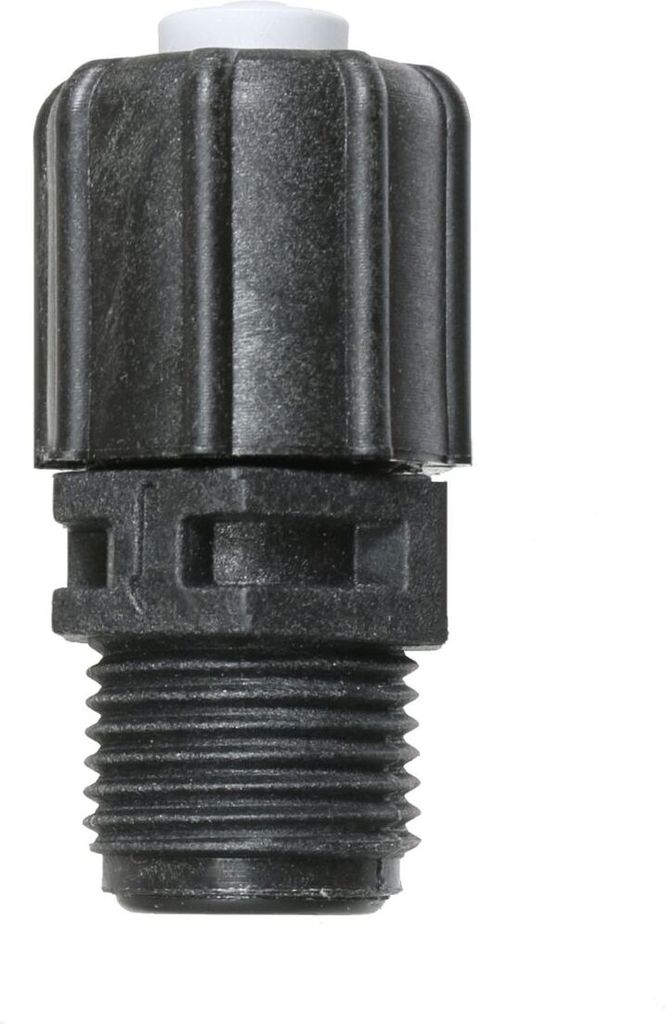 A close-up studio shot of a black plastic dosing valve with a white cap, isolated on a white background.