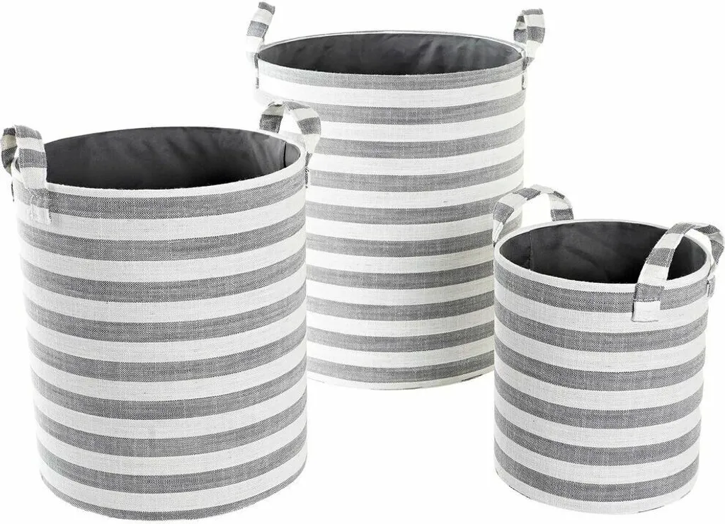 Paniers de rangement en tissu rayé gris et coton - Set de 3 bacs de stockage