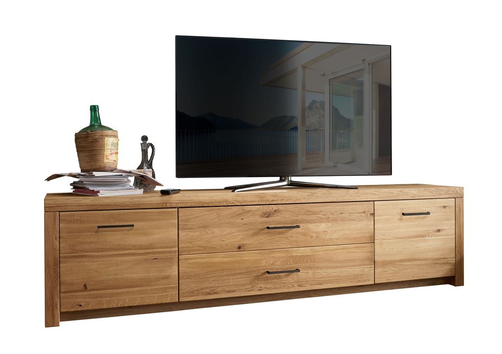TV-Board "WZ-0169" aus Wildeiche in natur geölt mit 2 Schubladen und 2 Türen. Abmessungen (BxHxT) 223,1x56x40 cm