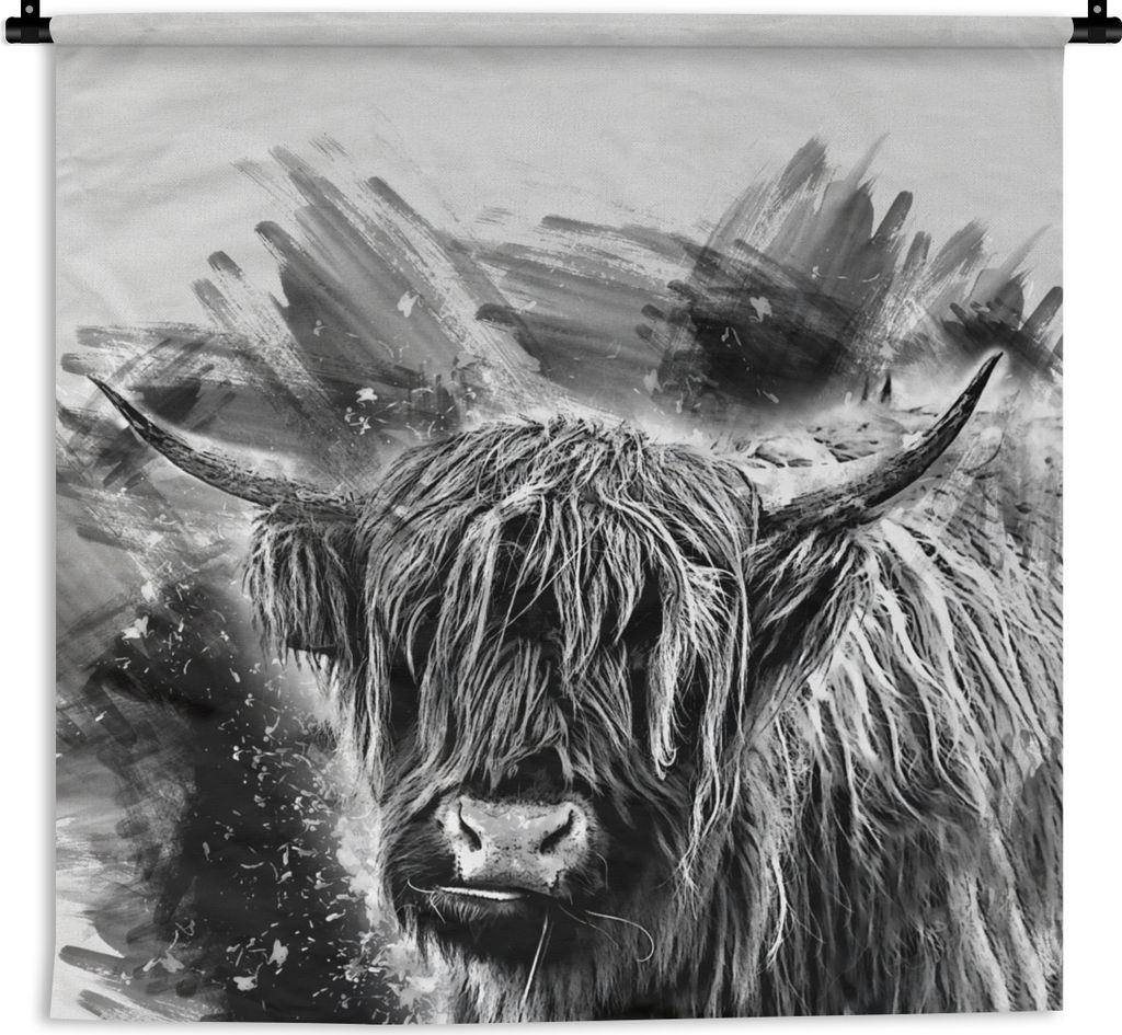 MuchoWow Wandteppich Wandbehang Scottish Hochlandrind - Farbe - Schwarz - Weiß 150x150 cm Tapisserie Dekoration Wandtuch - Wohnaccessoires - Mod...