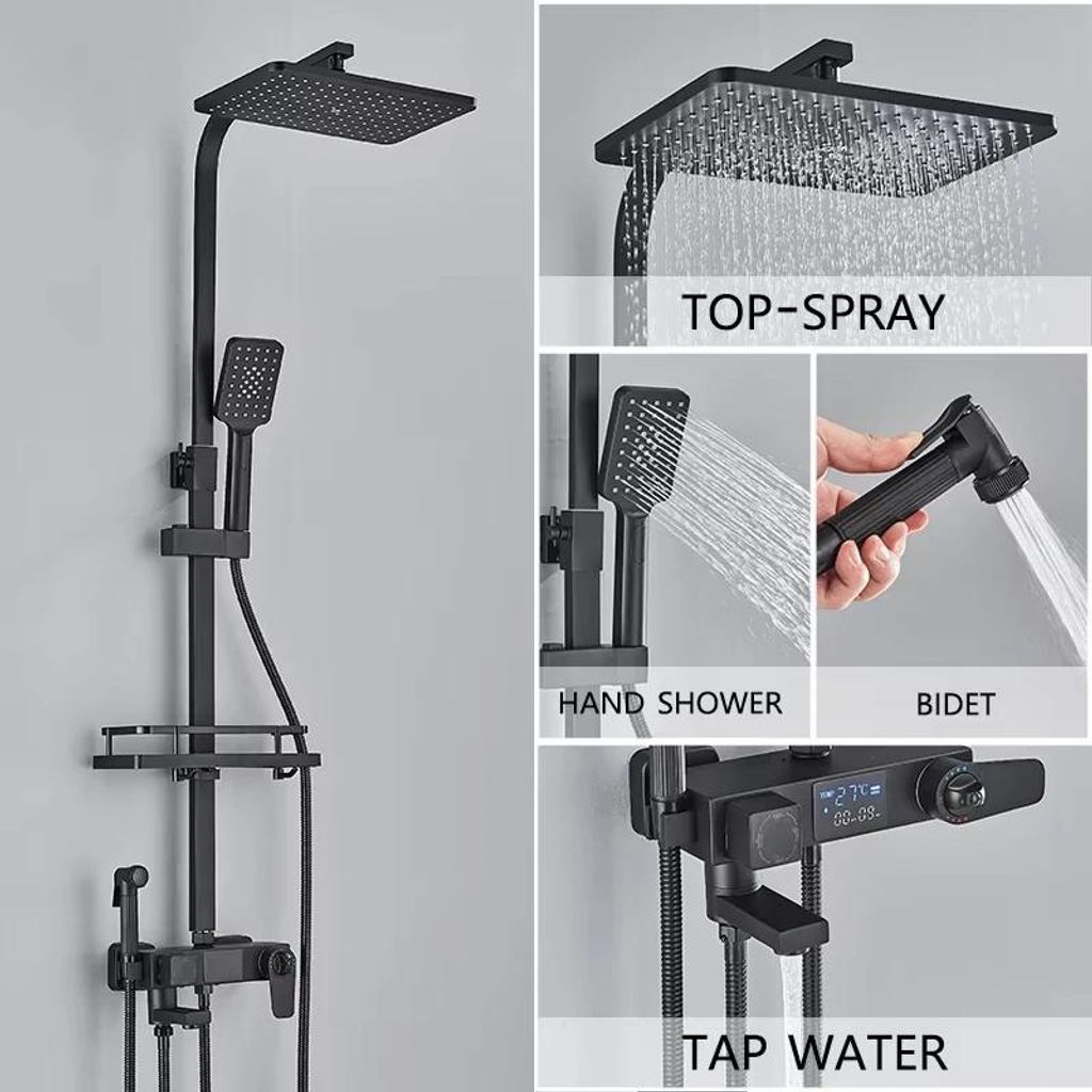 Duschsystem - 4-Wege Einhebelmischer mit Duschstange - Regendusche Set - Heiß/Kalt - Keramikventil - ABS - Schwarz