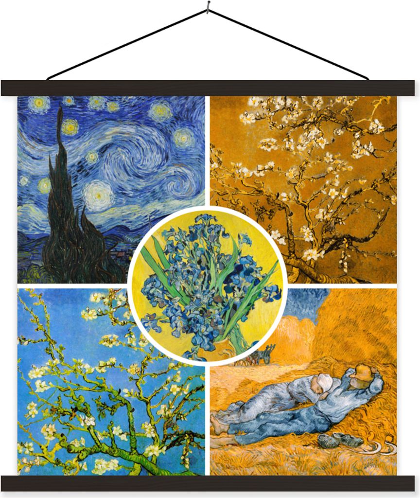 MuchoWow Textilposter Van Gogh - Collage - Sternennacht 90x90 cm mit schwarzem Rahmen - Magnetisches