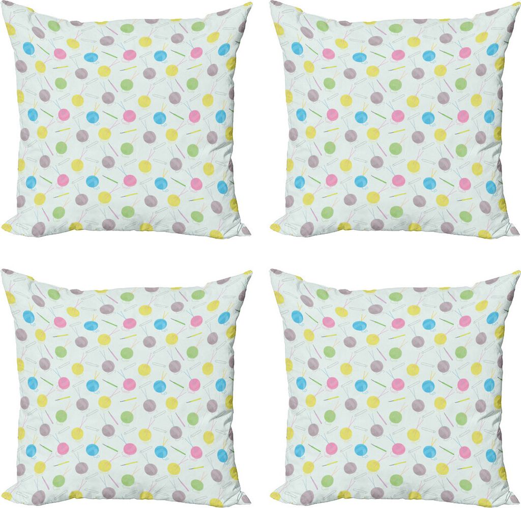 ABAKUHAUS Retro Kissenbezug Set (4 Stück), Kugeln des Garns und Näharbeit, Moderner Doppelseitiger Digitaldruck, 40 cm x 40 cm, Mehrfarbig