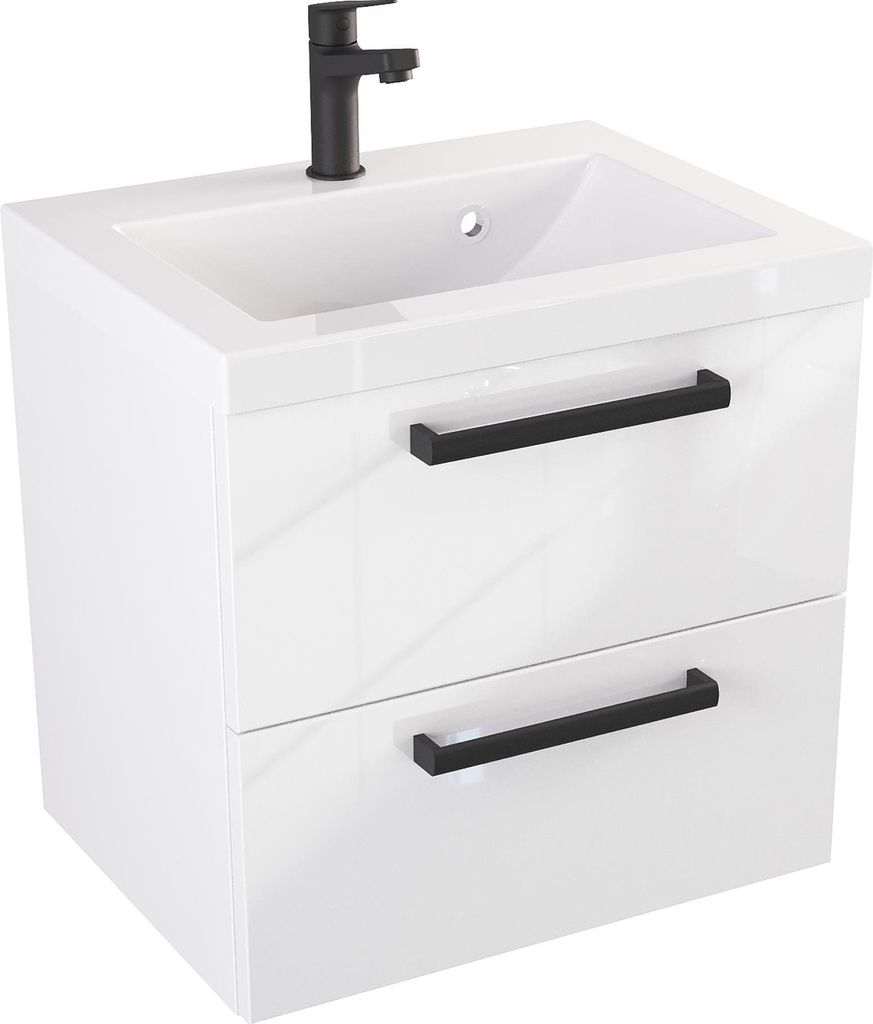 FURNI Waschtischunterschrank ATH 50 cm - Weiß Hochglanz - Hängender Badschrank mit Mineralguss-Waschbecken - Griffe - Vormontiert