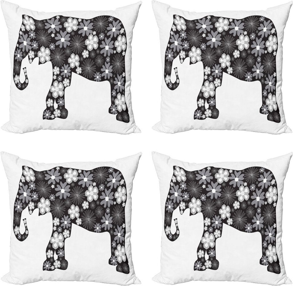 ABAKUHAUS Tier Kissenbezug Set (4 Stück), Floral Elephant Pattern, Moderner Doppelseitiger Digitaldruck, 60 cm x 60 cm, Grau weiß