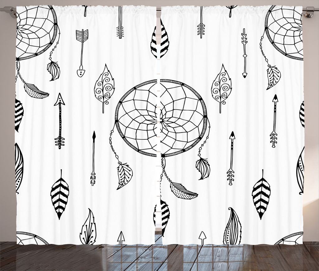 ABAKUHAUS Schwarz-Weiss Rustikaler Vorhang, Folk Federn Pfeil, Wohnzimmer Universalband Gardinen mit Schlaufen und Haken, 280 x 225 cm, Schwarz Weiss